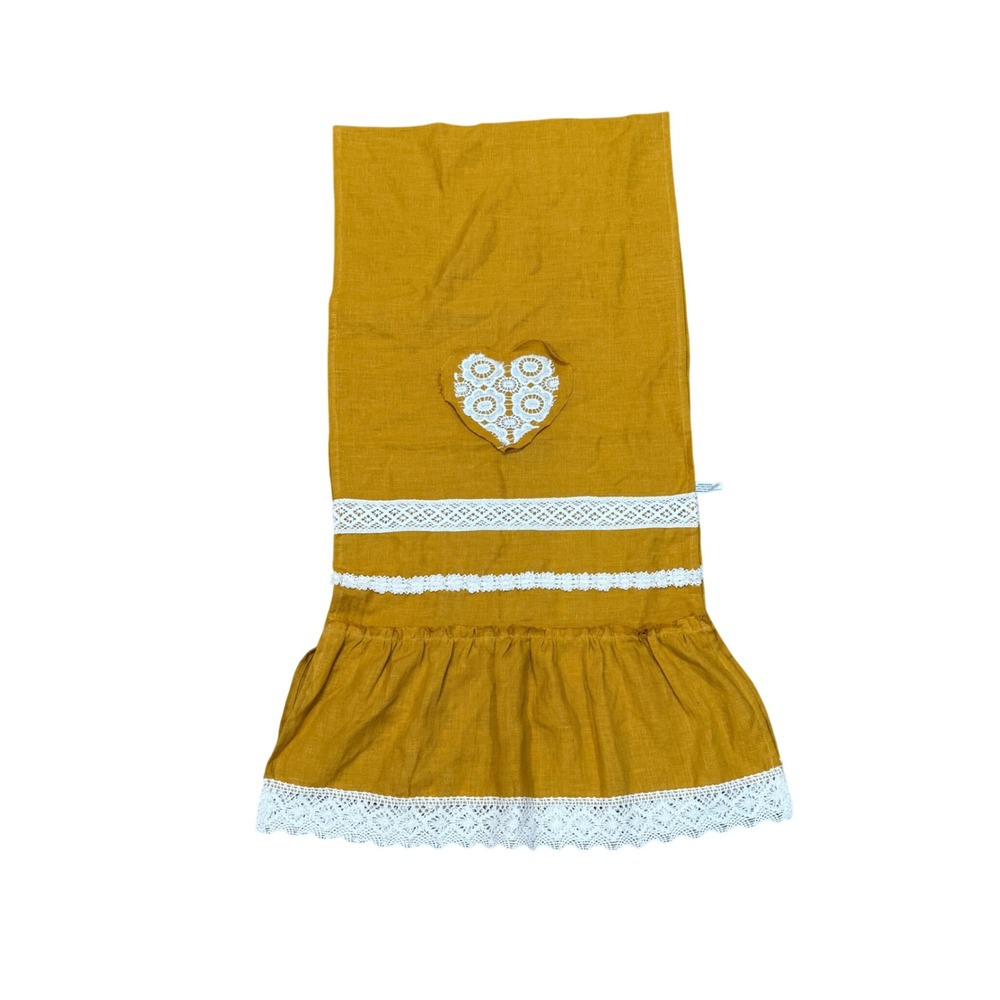 Boho Mustard Yellow‎ 100% Linen Table Runner Cottagecore Crochet Lace Trim Heart